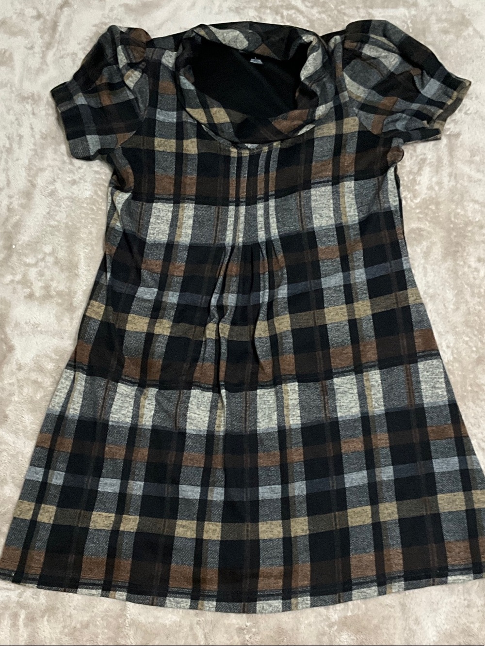 Jessica Howard Black, Brown & Gray Plaid A-Line Short Sleeve Dress